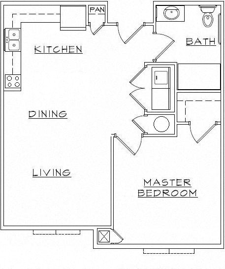 Floor plan for 1 bed, 1 bath, 705 sqft